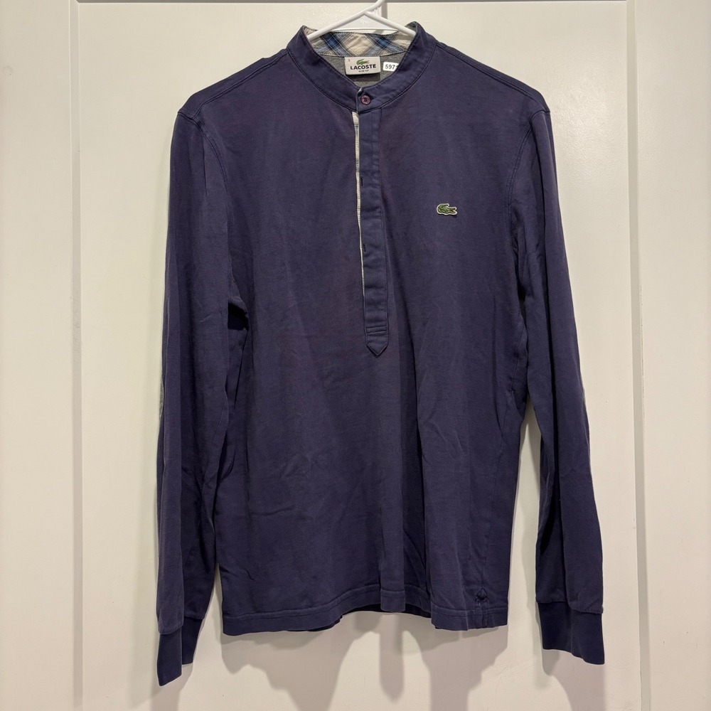 Lacoste Slim Fit Navy Blue Long Sleeve Mandarin Collar Elbow Patch Shirt Size 3